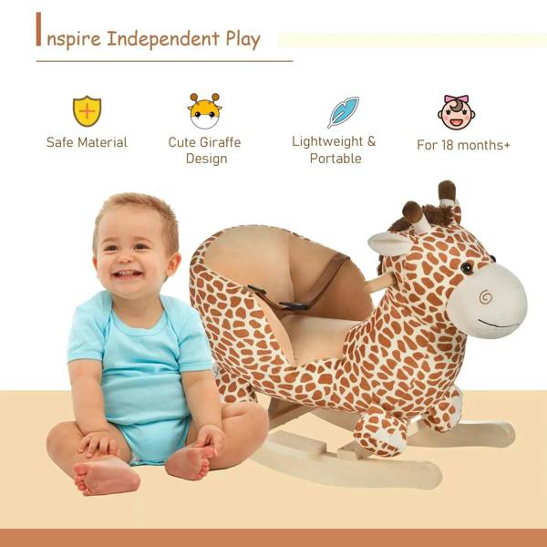 Giraffe rocking horse toy with plush body, open seat, and safety belt