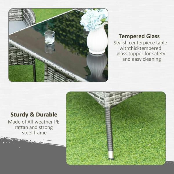 Grey rattan table corner with tempered glass top and sturdy legs