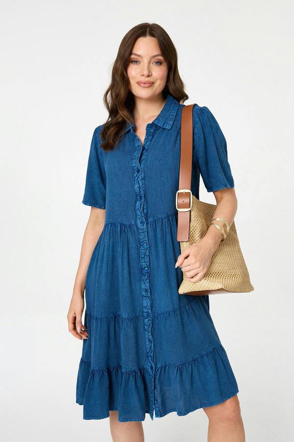 Blue | Tiered 1/2 Sleeve Knee Length Dress