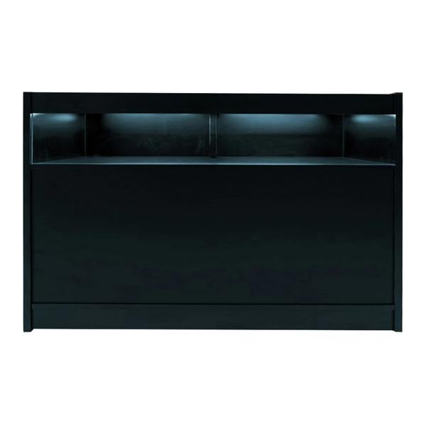 Sleek black Luna LED shop counter set featuring illuminated shelves, smooth finish, and modern design for stylish retail displays