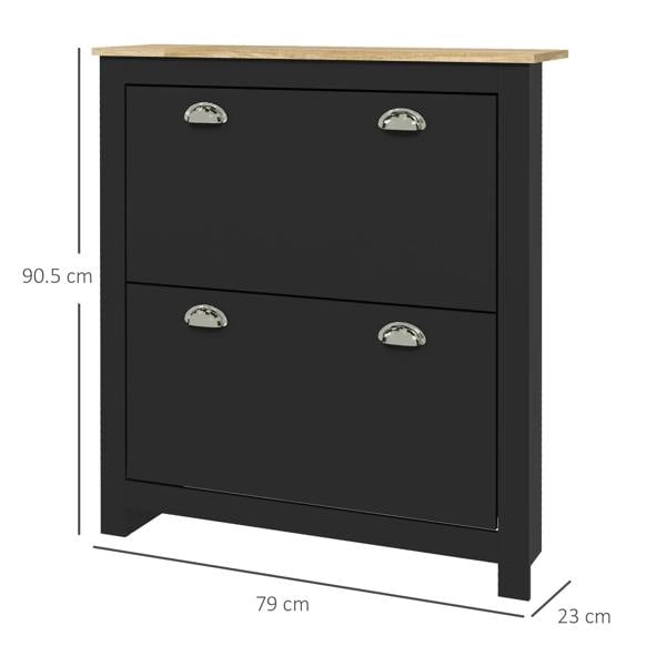 Black 2-drawer shoe cabinet with light wood top and curved metal drawer pulls