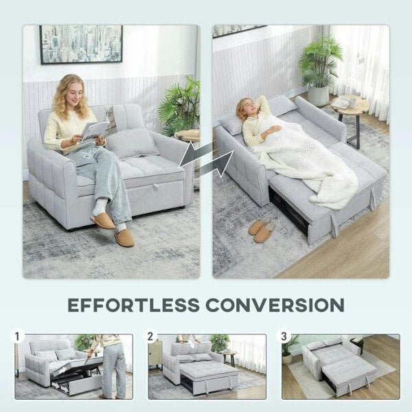 2 Seater Sofa Bed, 3-in-1 Convertible Sleeper Sofa with Click-clack Adjustable Backrest and 2 Pillows, Light Grey