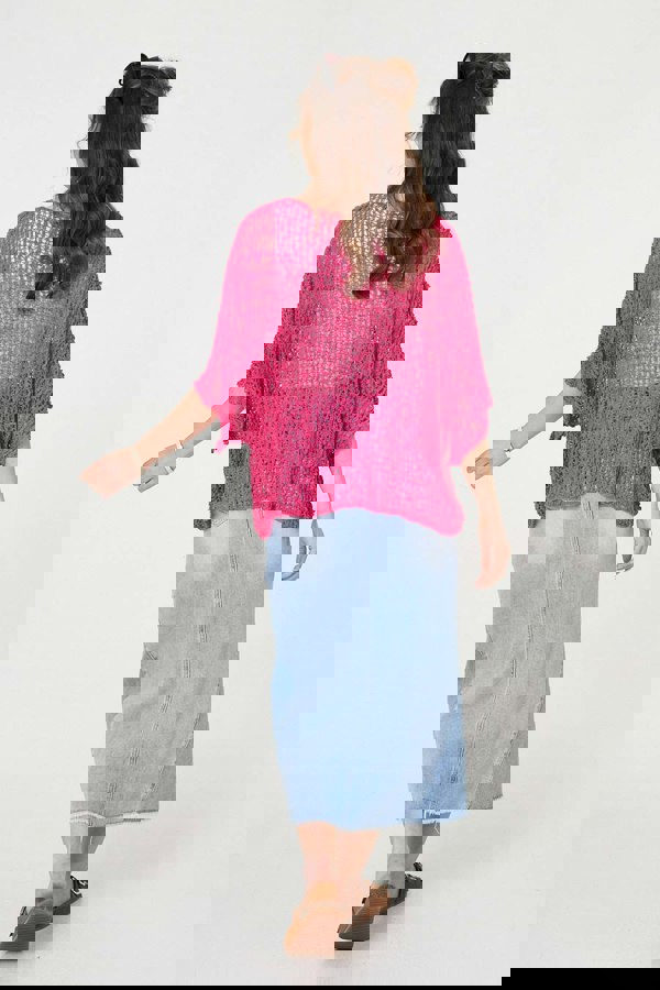 Pink | Crochet Knit Texture Batwing Sleeve Top
