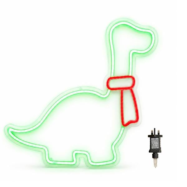 Samuel Alexander 43cm Light up Green & Red Neon Dinosaur Christmas Light with Scarf & Stand