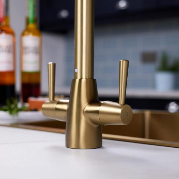 Flode Harstad | Dual Lever Kitchen Sink Mixer Tap with Swivel Spout | Brushed Brass Finish