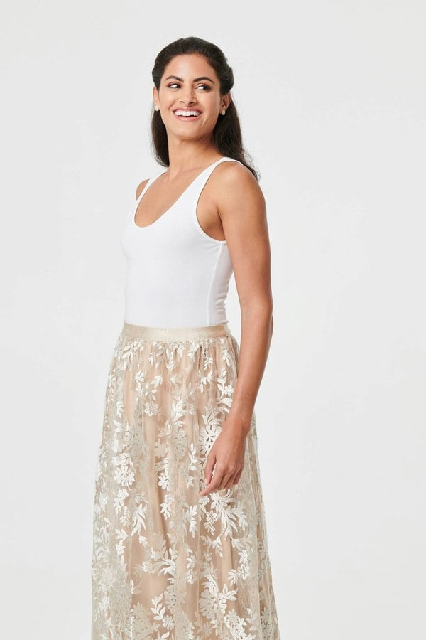 Cream | Floral Embellished High Waist Midi Skirt

