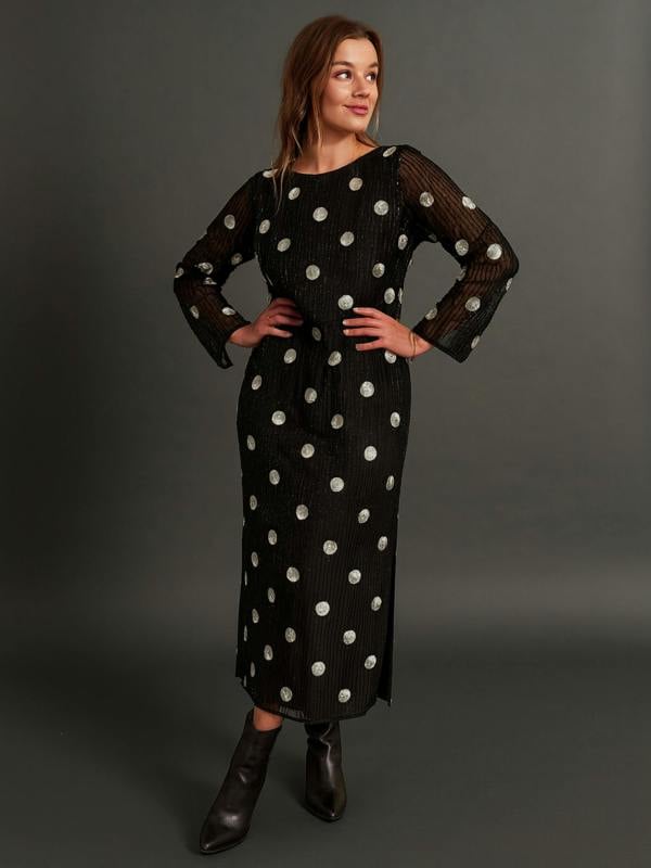 Rose & Nancy Merrin Black Polka Dot Hand Beaded Midi Dress