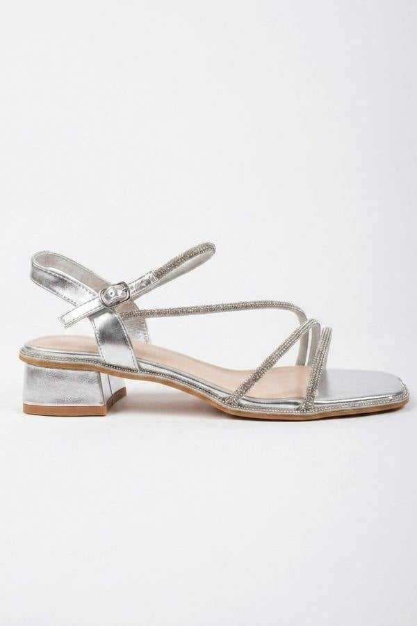 Pearl Rhinestone Embellished Strappy Low Sandals - Silver