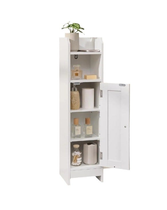 Modcraft Slim White Bathroom Floor Storage Cabinet – Narrow Freestanding Unit with Door & Adjustable Shelve