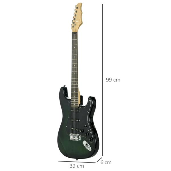 Dark green electric guitar front view with 99 cm length and 32 cm width markings