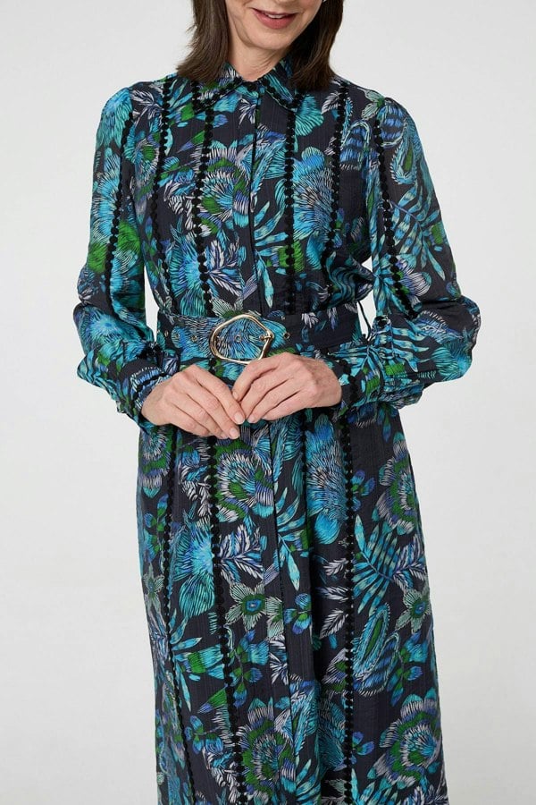 Blue | Printed Embellished Belted Maxi Dress
