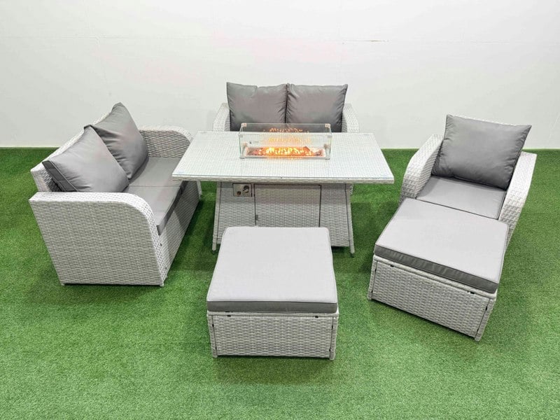 Fimous High Back Rattan Garden Furniture Set with Reclining Chair Loveseat Sofa Fire Pit Dining Table Indoor Outdoor Patio Set 2 Big Stool Light Grey