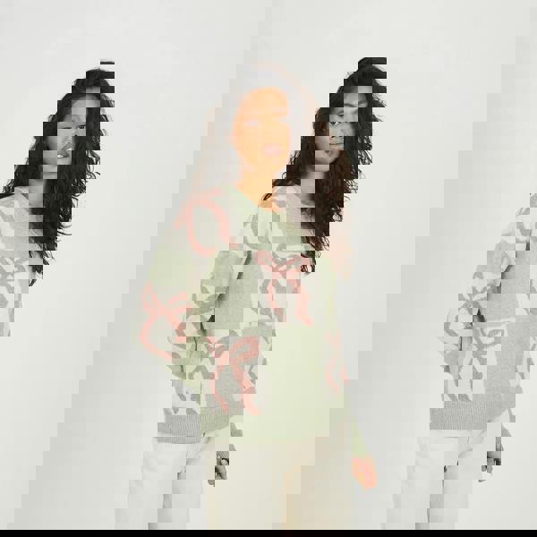 Brave Soul Pale Green Bow Jacquard Knit Jumper - Pale Green Image 1