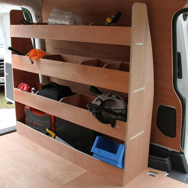 Wooden van rack with multiple compartments, neatly organized tools, and equipment, designed for efficient transport and storage