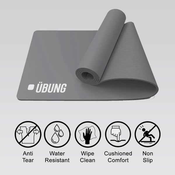 UBUNG Yoga Mat Non Slip with Carry Strap 10mm Thick Mat for Pilates Yoga Grey