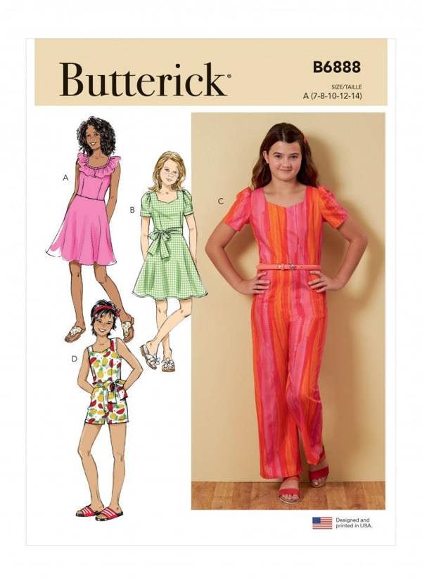 Butterick Sewing Pattern 6888, Dresses, Jumpsuits for Kids, Teenagers, A (7-8-10-12-14) - Easy