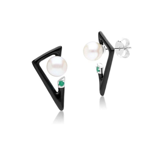 270E035301925 Grand Deco Enamel, Emerald & Pearl Retro Earrings In Sterling Silver 1