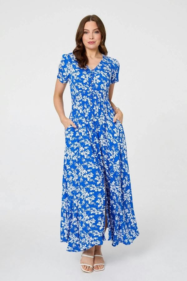 Blue | Ditsy Floral Shirred V-Neck Maxi Dress