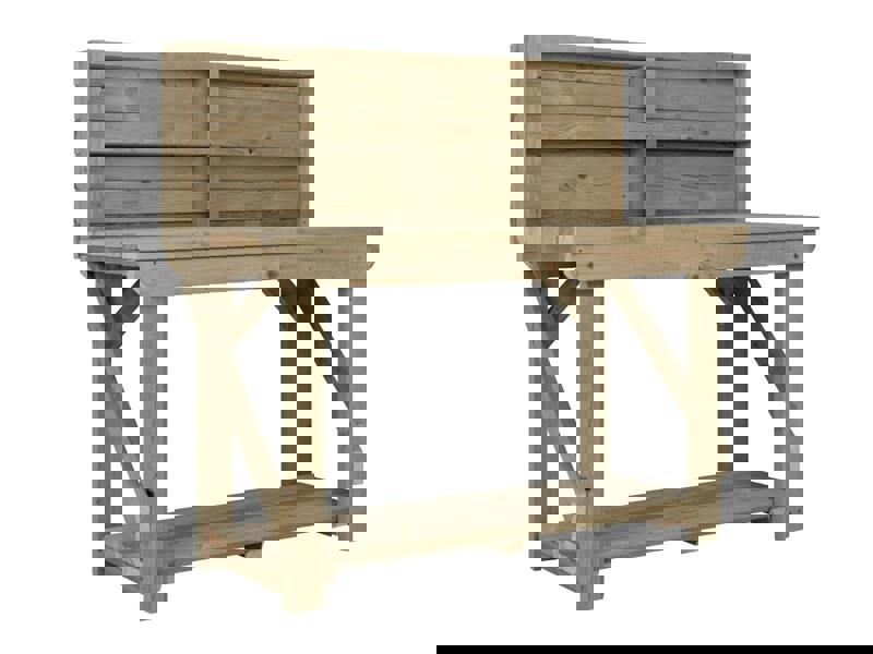 Indoor/Outdoor Pressure-Treated Single Shelf with back panel Workbench, a robust and versatile solution for all your workspace needs. Handcrafted in the UK, this workbench is constructed from high-quality, pressure-treated timber, ensuring durability and resistance to the elements, making it suitable for both indoor and outdoor use.
