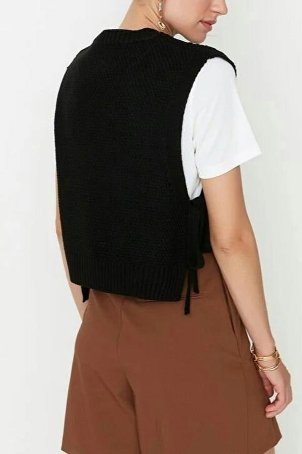 WOVCOR Crop Knit Sweater with Side Ribbon Tie Detail