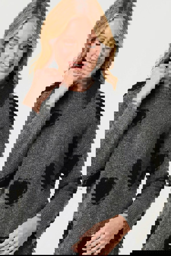 Grey | Heart Print Denim Trim Collar Jumper
