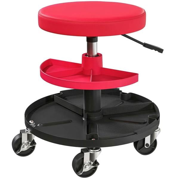 Red padded round mechanic stool with swivel base and caster wheels, built-in tool tray
