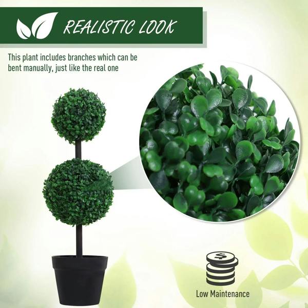 Artificial green boxwood ball topiary tree in a black pot, dense leaf texture
