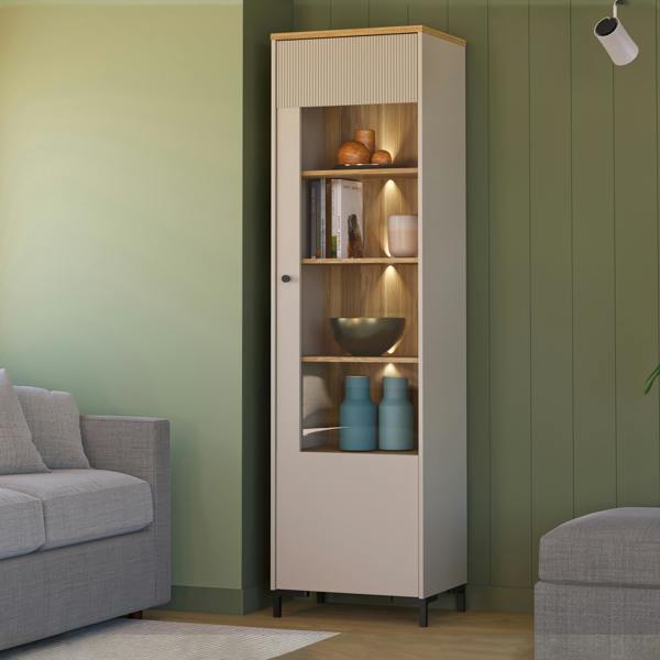 Furniture To Go Bixbite Tall Display Cabinet with Fluted Detail, Door & Open Shelving in Mauvella Oak and Sand