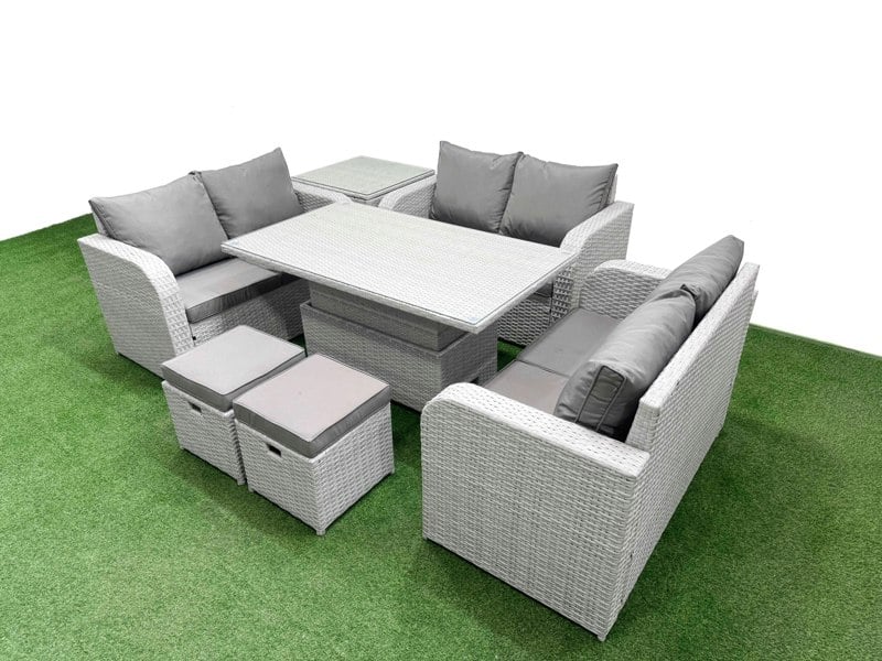 Fimous  8 Seater PE Wicker Rattan Furniture Sofa Sets with Adjustable Lifting Dining or Coffee Table 2 Seater Love Sofa 2 Stool Side Table Light Grey