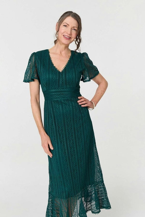 Green | Lace Layered Short Sleeve Midi Dress
