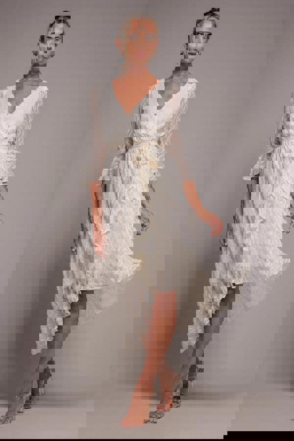 Chiffon Geo-Wave Front Frill Wrap Midi Dress - Cream DR4411