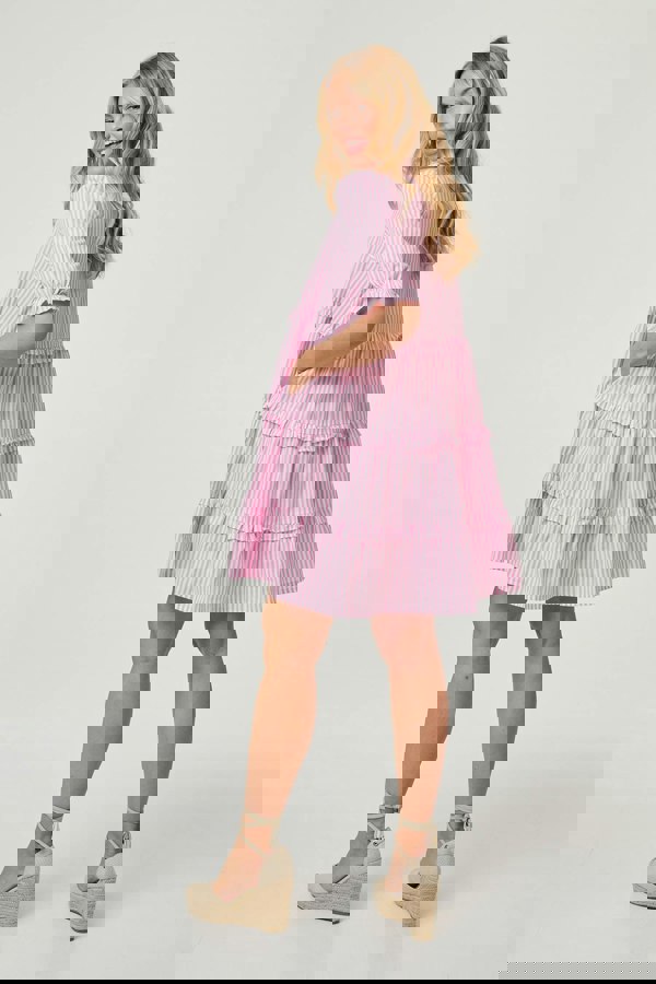 Pink | Striped 1/2 Sleeve Short Shirt Dress
