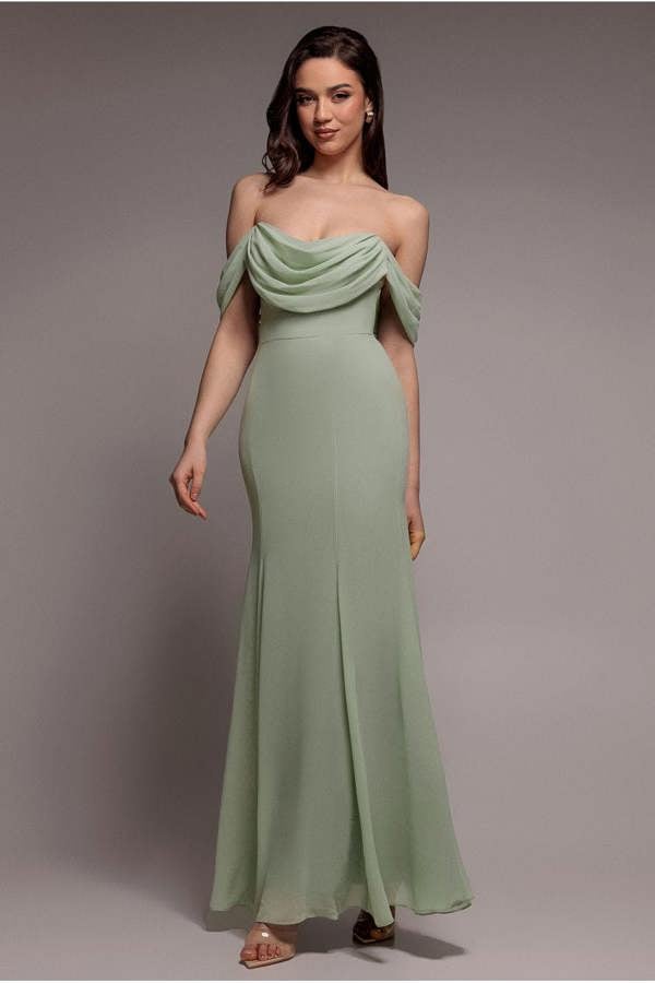 Chiffon Bardot Cowl Neck Maxi Dress - Sage Green DR2781A