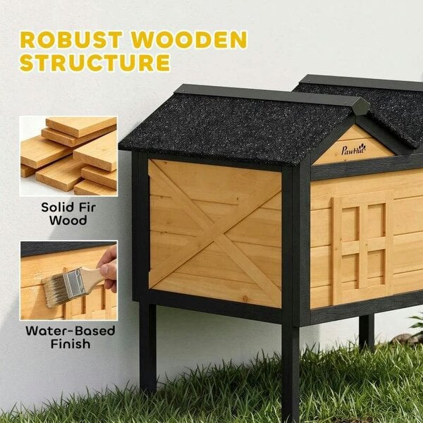 Wooden Cat House Outdoor Indoor with Weatherproof Asphalt Roof, Side Cleaning Door, PVC Curtain