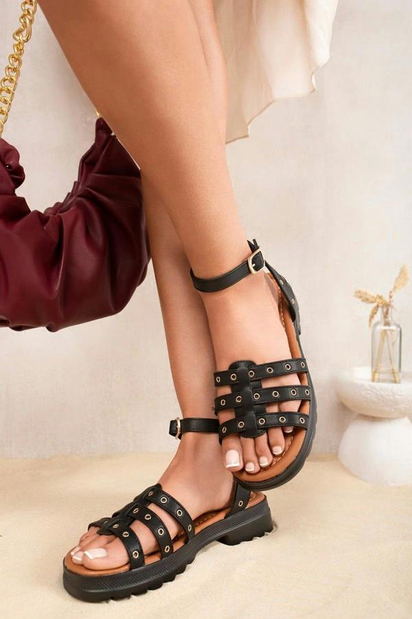 Myla Studded Multi Strap Flatform Sandals - Black