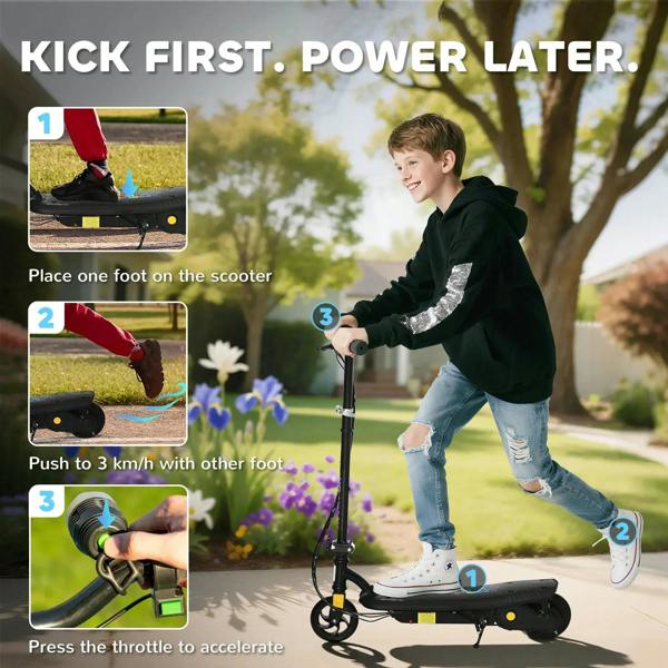 Black electric scooter with rider foot on deck and hand on handlebar