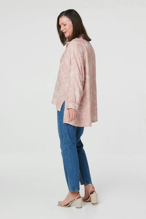 Pink | Leaf Print Long Sleeve Curve Hem Shirt