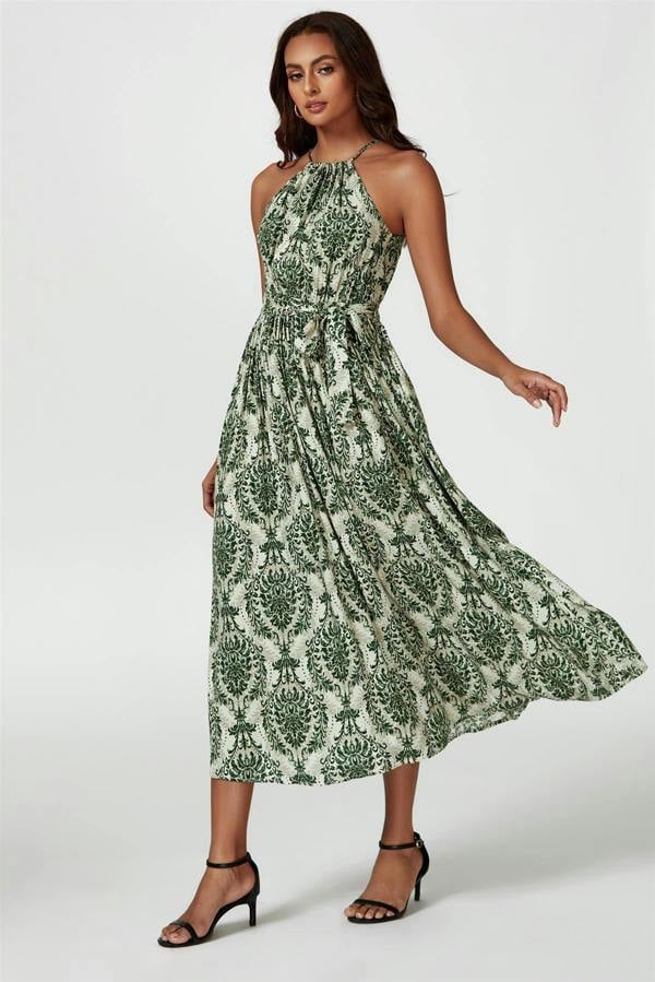 FS Collection Green & Beige Floral Print Tie Halterneck Maxi Dress