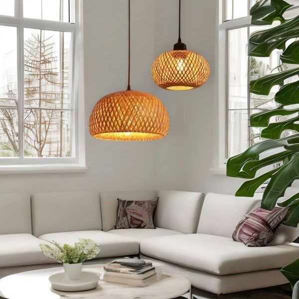 Rafaelo Mobilia Rattan Woven Wicker Boho Rattan Ceiling Light Pendant Shade Natural Brown