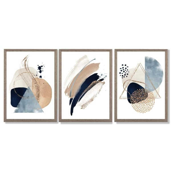 Artze Wall Art Set of 3 Abstract Beige Blue and Gold Framed Prints