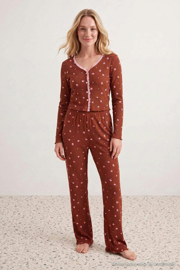 V Neck Long Sleeve Ribbed Pyjama Set