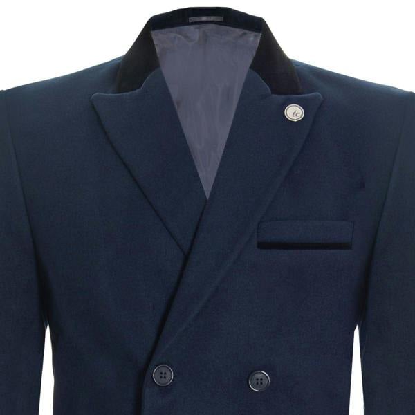 TruClothing Mens 3/4 Long Double Breasted Navy Overcoat Wool Coat Peaky Blinders