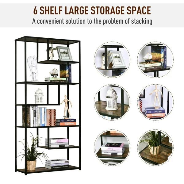 Six-shelf bookcase with black frame and rustic brown boards, storage-focused design