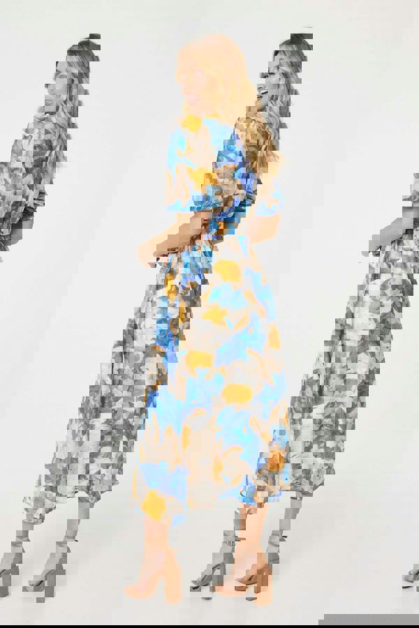 Blue | Printed 1/2 Sleeve Belted Midi Dress