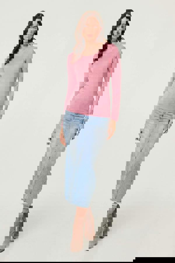 Pink | Long Sleeve Slim Scoop Neck Top