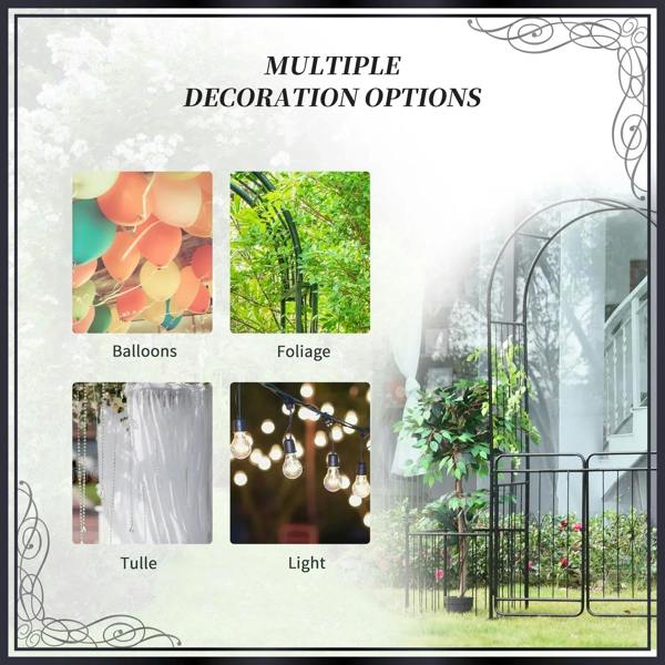 Black metal garden arbor with double doors, displayed with decoration options infographic