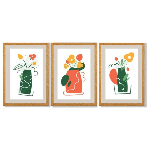 Boho Minimal Floral Green Orange Set of 3 Framed Art Prints with Oak Wooden Frames