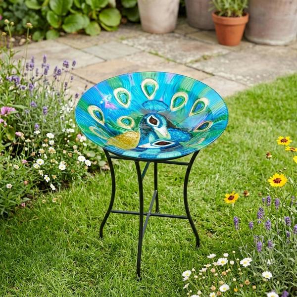 Garden Greatness Haxon Painted Peacock Glass Birdbath