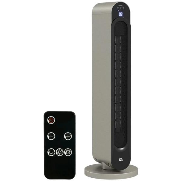 Silver ceramic tower heater with digital panel and remote control, vertical air outlet