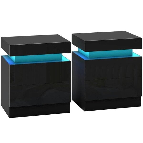 Black Bedside Table with LED Light, High Gloss Front Nightstand with 2 Drawers, for Living Room, Bedroom, Set of 2